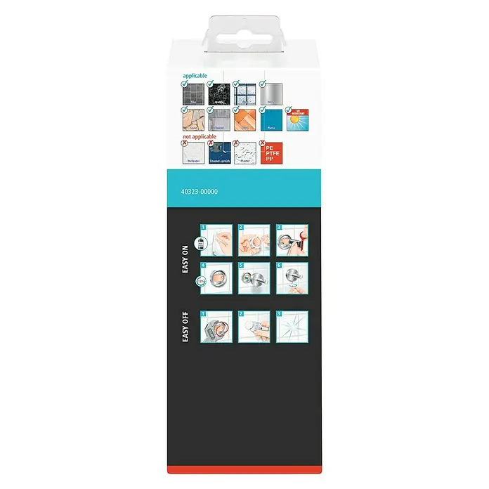 Tesa Smooz Seifenspender - Mit Halterung, Metall, Satiniert/Chrom - Verpackungsrückseite eines Produkts mit Anleitungen zur einfachen Anbringung und Entfernung, sowie Informationen zur Anwendbarkeit auf Oberflächen.