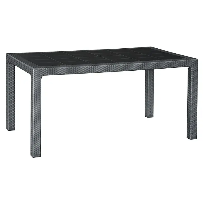 Mesa de jardín Lasarte - L x An x Al: 150 x 90 x 72 cm, Tecnopolímero/Fibra de vidrio, Antracita - Una mesa de comedor de mimbre gris con una mesa de elementos cuadrados. Ideal para espacios de jardín o patio.