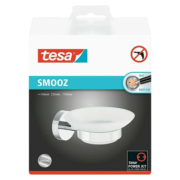 Tesa Smooz Seifenschale - Mit Halterung, Satiniert/Chrom, Glänzend - Abbildung der Tesa SMOOZ Seifenschale mit Chrom-Finish und Installationshinweisen auf der Verpackung.