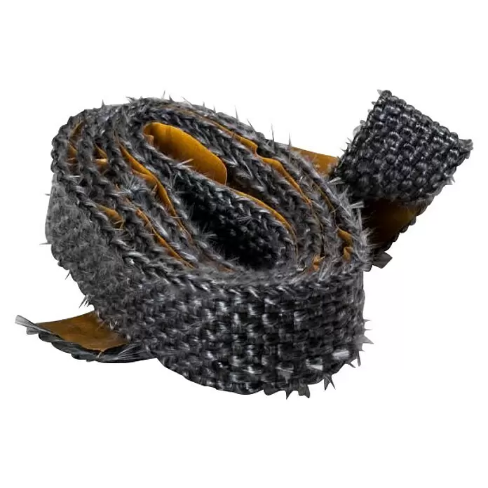 Dichtungsband -  - Gerolltes dunkelgraues Faser-Dichtband mit flauschiger Textur und gelber Rückseite.