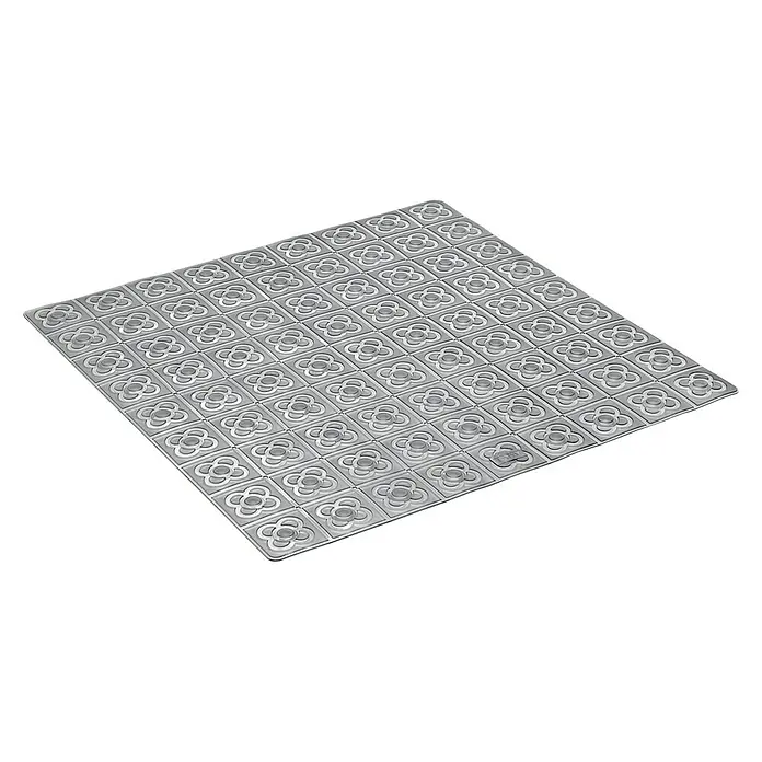 Tatay Alfombra antideslizante para ducha BCN - 54 x 54 cm, PVC, Antracita - Una alfombra cuadrada de color plateado con un patrón floral repetido, ideal para el baño o la cocina.