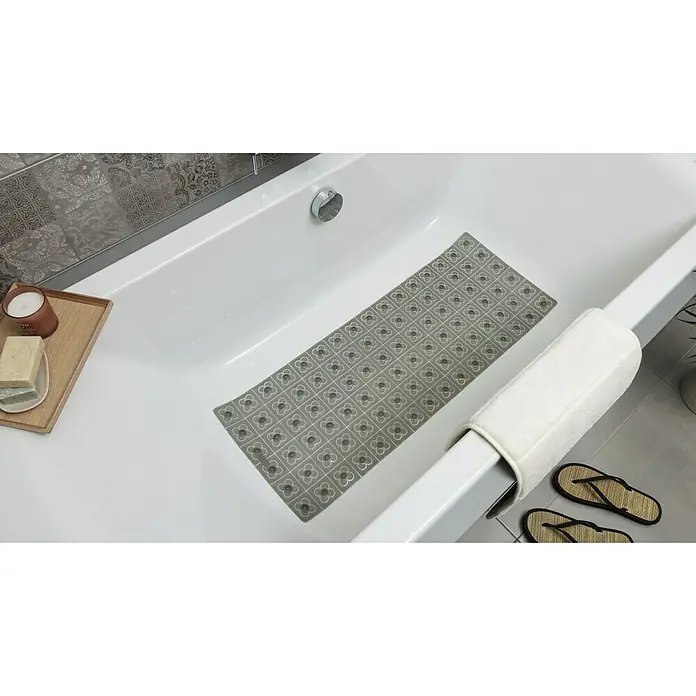 Tatay Alfombra antideslizante para ducha BCN - 36 x 96 cm, PVC, Antracita - Alfombra de baño gris con motivo floral en una bañera blanca, que combina seguridad y estilo.