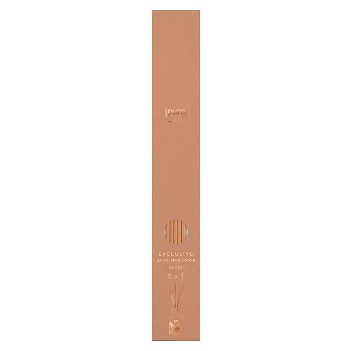 Ipuro Exclusive Raumduft Sticks - 5 -tlg., Feve Tonka - Hellbraune Box für ipuro fève tonka Duftstäbchen, mit Sichtfenster für 5 Holzstäbchen und einer illustrierten Diffusorflasche.