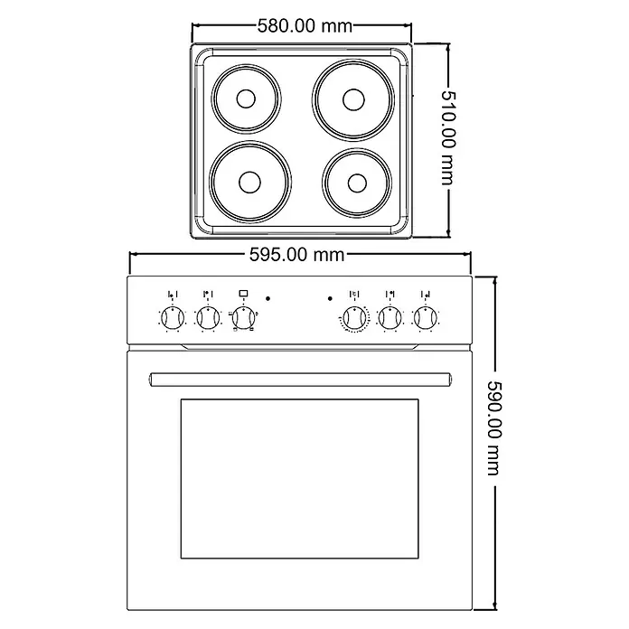 Respekta Einbauherd-Set EB 6000 IX - Anzahl Beheizungsarten: 3 Stk., Material Kochfeld: Edelstahl/Guss - Schemazeichnung eines freistehenden Elektroherds mit vier Kochfeldern und Backofen mit Maßen in Millimetern.