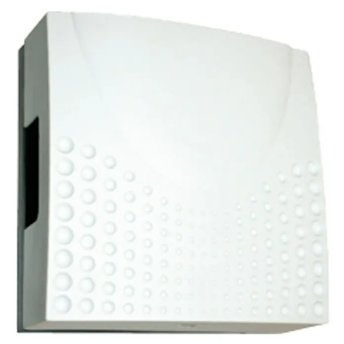 Dinuy Timbre con hilos Teseo - 220 V - Primer plano de un sistema telefónico blanco con un patrón de puntos, montado en la pared.