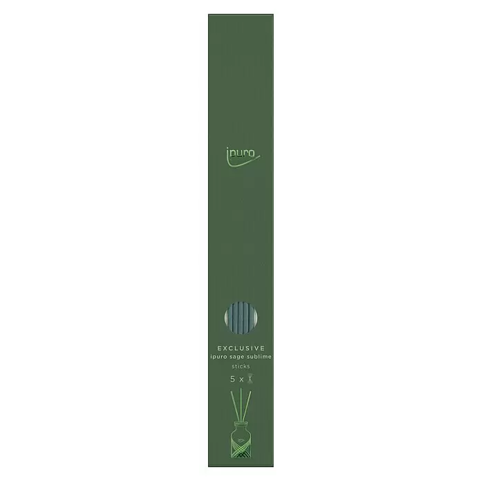 Ipuro Exclusive Raumduft Sticks - 5 -tlg., Sublime - Grüne ipuro EXCLUSIVE Sage Sublime Diffuser-Nachfüllpackung mit blau-grauen Stäbchen und Diffuser-Zeichnung.