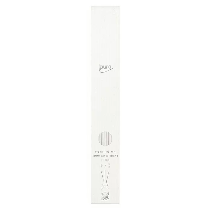 Ipuro Exclusive Raumduft Sticks - 5 -tlg., Santal Blanc - Verpackung für ipuro santal blanc Duftstäbchen, zeigt 5 weiße Stäbchen und eine Diffusor-Abbildung.