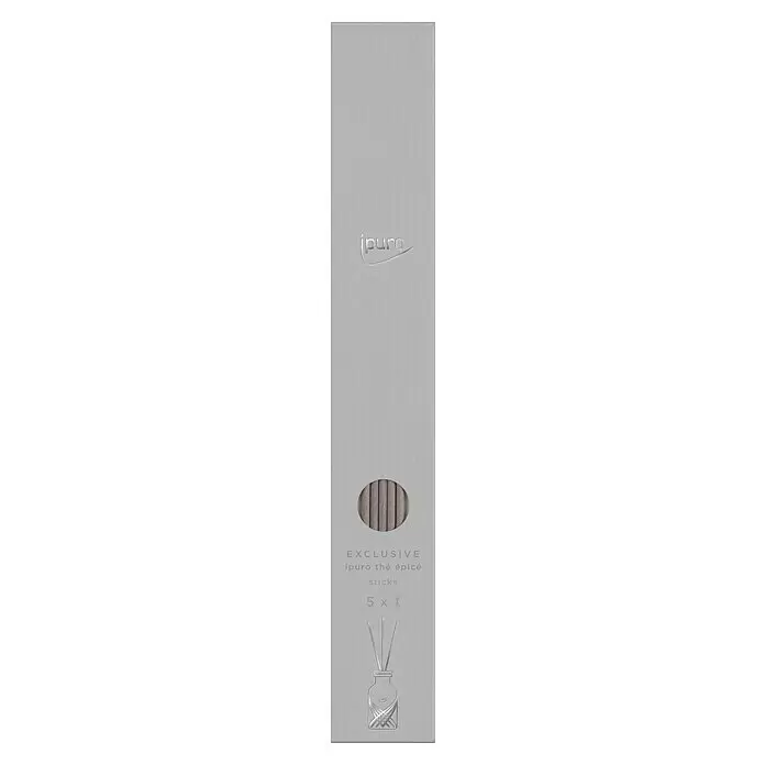 Ipuro Exclusive Raumduft Sticks - 5 -tlg., The Epice - Hellgraue ipuro Verpackung für 'thé épicé' Diffusor-Stäbchen, mit Ausschnitt für fünf Stäbchen und geprägter Diffusor-Illustration.