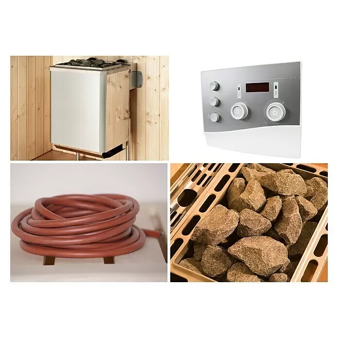 Weka Saunaofen Set 2 - 9 kW, Raumheizvermögen: 10 m³ - 14 m³ - Saunaofen mit Steinen, digitales Bedienfeld, brauner Schlauch und Saunasteine in einer Schale.