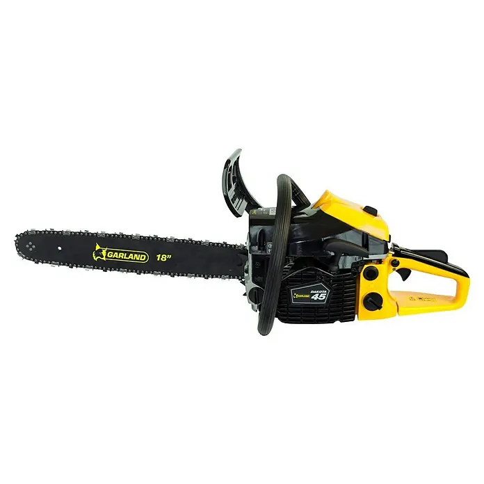 Garland Motosierra de gasolina DAKOTA 45 - 1,7 kW, 45 cm³, Longitud de la cuchilla: 45 cm, Grosor de rama máx.: 40 cm - Motosierra Garland Dakota 45 amarilla y negra con una hoja de 18 pulgadas. Esta herramienta es ideal para cortar madera y para trabajos de cuidado de árboles.