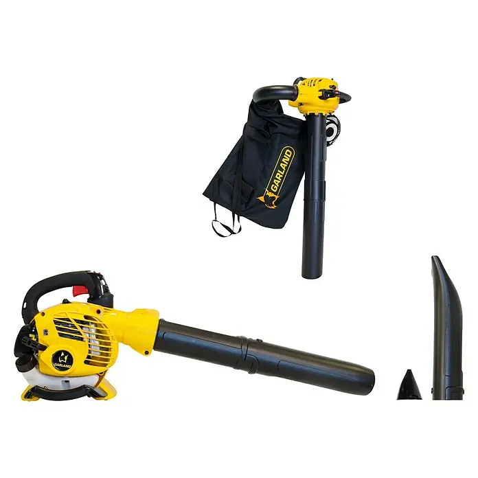 Garland Soplador de hojas de gasolina GAS 550G-V18 - 0,75 kW, Velocidad de soplado: 250 km/h, 25,4 cm³ - Imagen de un soplador de hojas Garland amarillo con un colector de saco negro, diseñado para una limpieza eficiente del jardín.