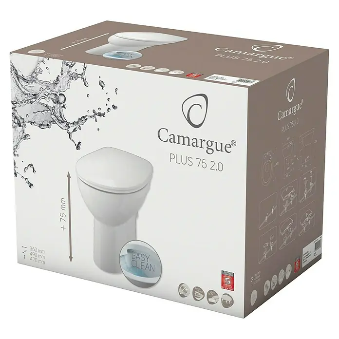 Camargue Stand-WC-Set Plus 75 2.0 - Spülrandlos, Ohne Spezialglasur, Spülform: Tief, WC Abgang: Waagerecht, Weiß - Bild einer Verpackung für eine Camargue Plus 75 2.0 Toilette mit den Produktabmessungen und dem Easy Clean-Symbol.