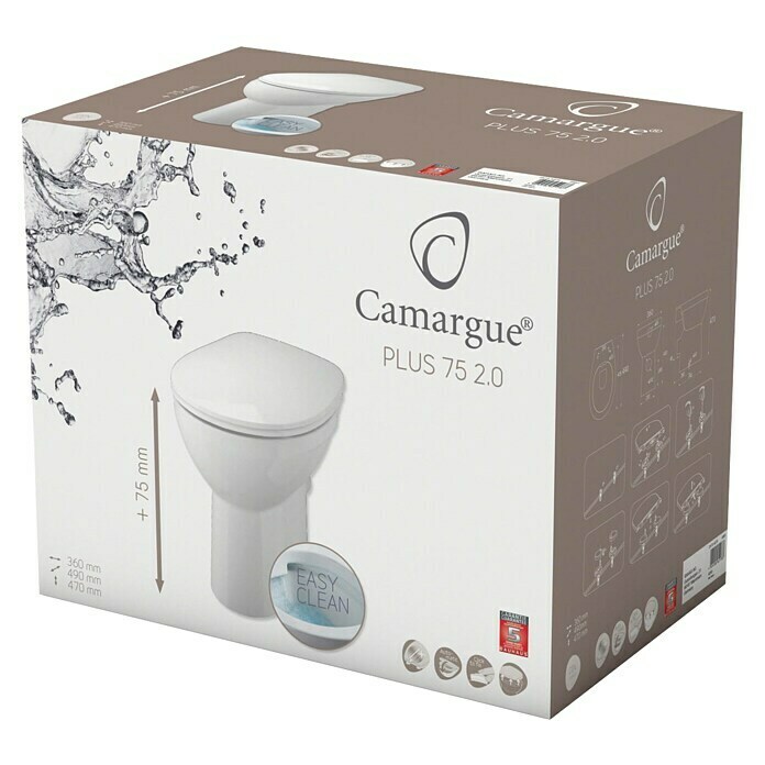 Camargue Stand-WC-Set Plus 75 2.0Spülrandlos, Ohne Spezialglasur, Spülform: Tief, WC Abgang: Waagerecht, Weiß Unknown