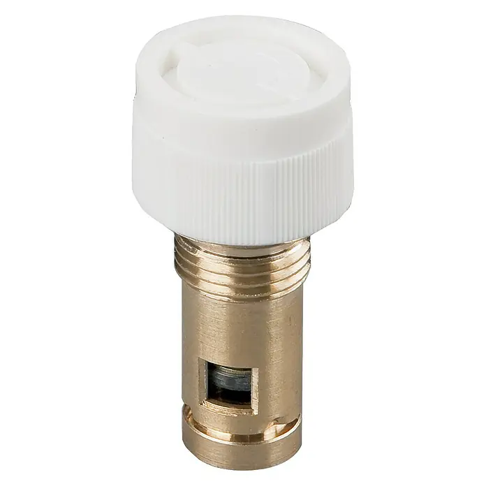 Thermostatventil - ½″, Weiß/Gold - Detailaufnahme eines Ventileinsatzes mit einem weißen Kopfstück und einem goldenen, zylindrischen Körper mit einer Öffnung.