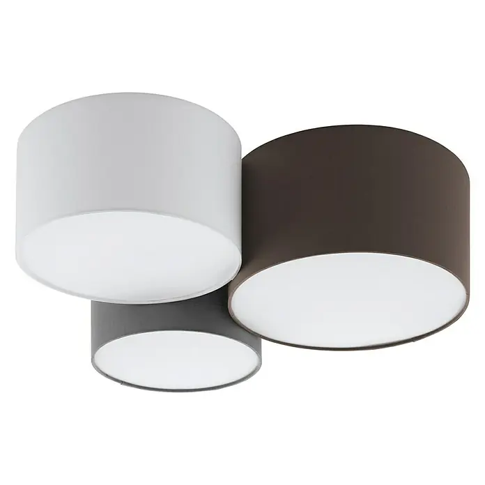 Eglo Deckenleuchte Pastore - 180 W, L x B x H: 61 x 49,5 x 25,5 cm, Grau, Braun, E27 - Deckenleuchte mit drei Lampenschirmen in Weiß, Grau und Braun, die ein modernes und stilvolles Beleuchtungselement darstellt.