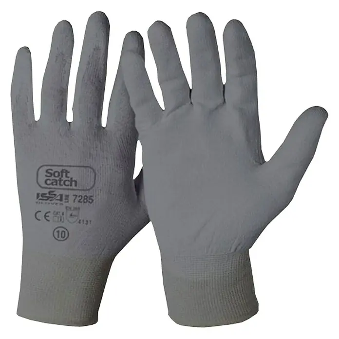 Industrial Starter Guantes de trabajo Soft Catch - Talla del guante: 10, Gris, 2 ud. - Primer plano de dos guantes de trabajo grises Soft Catch, colocados uno encima del otro sobre un fondo blanco.
