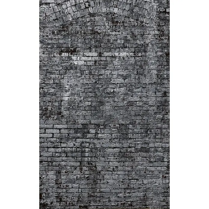 Rasch Fototapete Digitaldruck Mauerwerk - B x H: 300 x 186 cm, Vlies - Detailaufnahme einer alten, mit einem Bogen versehenen Backsteinmauer in Grau- und Schwarztönen, die eine rustikale Textur und historische Tiefe zeigt.