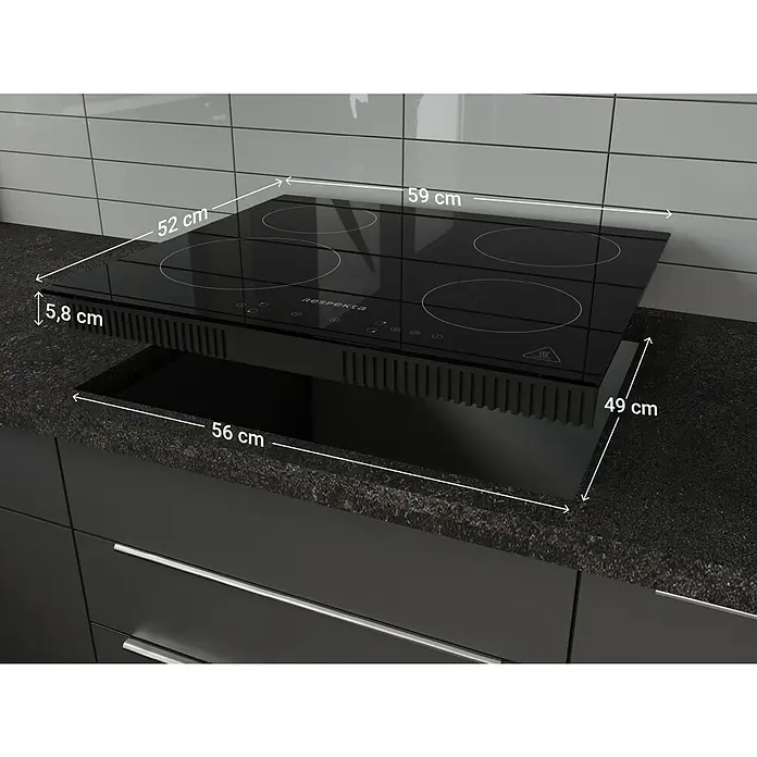 Respekta Kochfeld Alex - Anzahl Induktionskochstellen: 4 Stk. - Das Respekta Kochfeld in Schwarz mit den Maßen 59 x 52 cm und der Einbautiefe von 5,8 cm ist eine elegante Ergänzung für jede Küche.