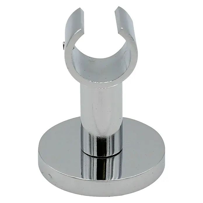 Expo Ambiente Deckenträger Klassik - Chrom, Geeignet für: Gardinenstangen Ø 20 mm - Nahaufnahme einer glänzenden, verchromten Duschkopfhalterung mit runder Basis und offener Halterung.