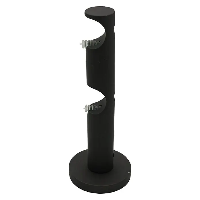 Expo Ambiente Doppelträger Function - Eisenoptik-brush, Geeignet für: Gardinenstangen Ø 20 mm, Länge: 13,1 cm - Nahaufnahme einer modernen, schwarzen Doppel-Vorhangstangenhalterung mit elegantem Design und robustem Standfuß.