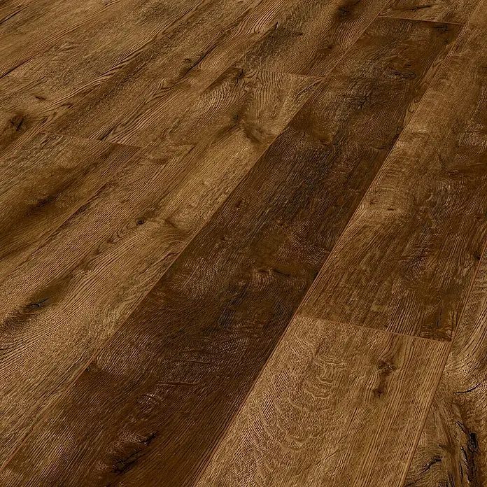LOGOCLIC Ambienta Laminatmuster Eiche Mirandola - 296 x 195 x 1 mm, Landhausdiele - Detailaufnahme eines dunklen Laminatbodens mit Maserung. Ideal für stilvolle und pflegeleichte Wohnräume.