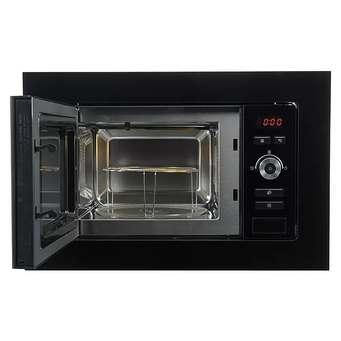 Respekta Einbau-Mikrowelle Jana - Max. Leistung: 800 W, 20 l, Schwarz - Schwarze Mikrowelle mit geöffneter Tür, die ihren Edelstahl-Innenraum, Glasteller, Metallrost und Bedienfeld mit roter Digitalanzeige zeigt.