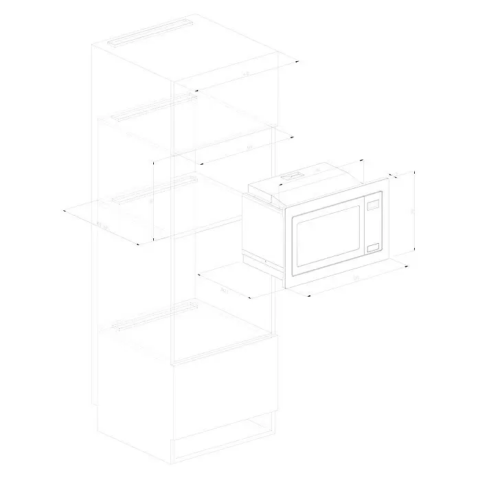 Respekta Einbau-Mikrowelle Lara - Max. Leistung: 700 W, 17 l, Schwarz - Technische Zeichnung einer Einbau-Mikrowelle mit Installationsmaßen für einen Küchenschrank.