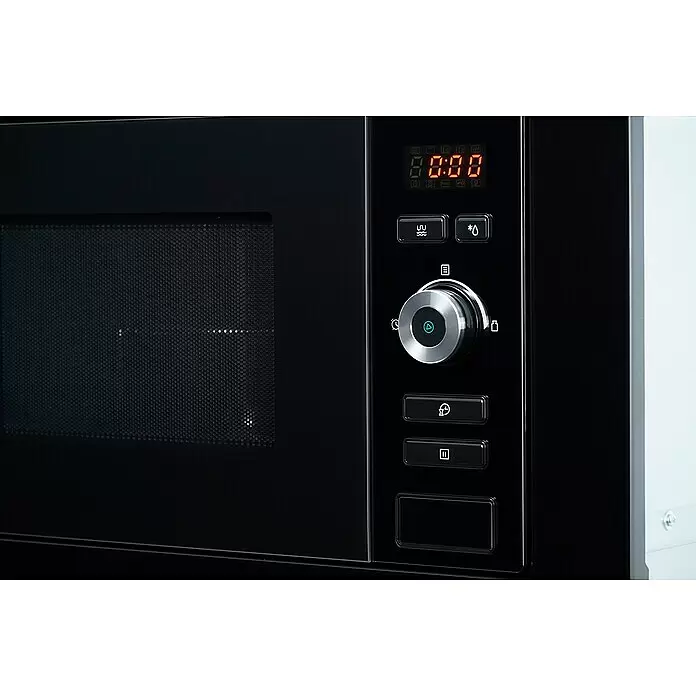 Respekta Einbau-Mikrowelle Jana - Max. Leistung: 800 W, 20 l, Schwarz - Nahaufnahme eines schwarzen Mikrowellenherds mit Digitalanzeige (0:00), einem silbernen Drehknopf und Bedientasten.