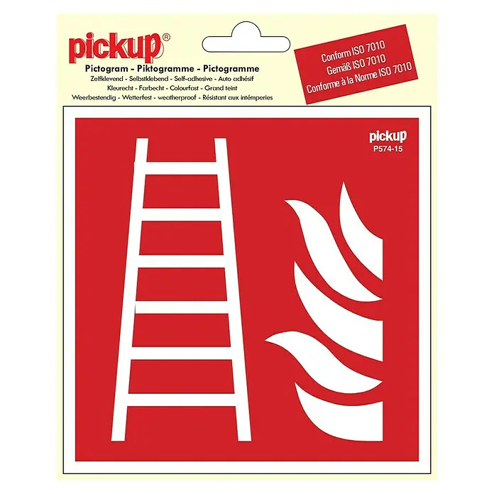 Pickup Aufkleber - L x B: 15 x 15 cm, Feuerleiter - Aufkleber mit rotem Quadrat, das eine weiße Leiter und stilisierte Flammen zeigt, entsprechend ISO 7010.