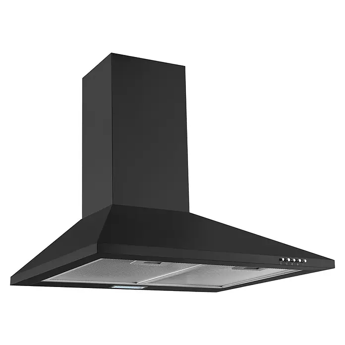 Respekta Kaminhaube Karena - Breite: 60 cm, Max. Gebläseleistung Abluftbetrieb: 308,8 m³/h, Schwarz - Schwarze Dunstabzugshaube mit rechteckigem Schacht und Bedienknöpfen. Sie ist für die Wandmontage konzipiert und sorgt für saubere Luft beim Kochen.
