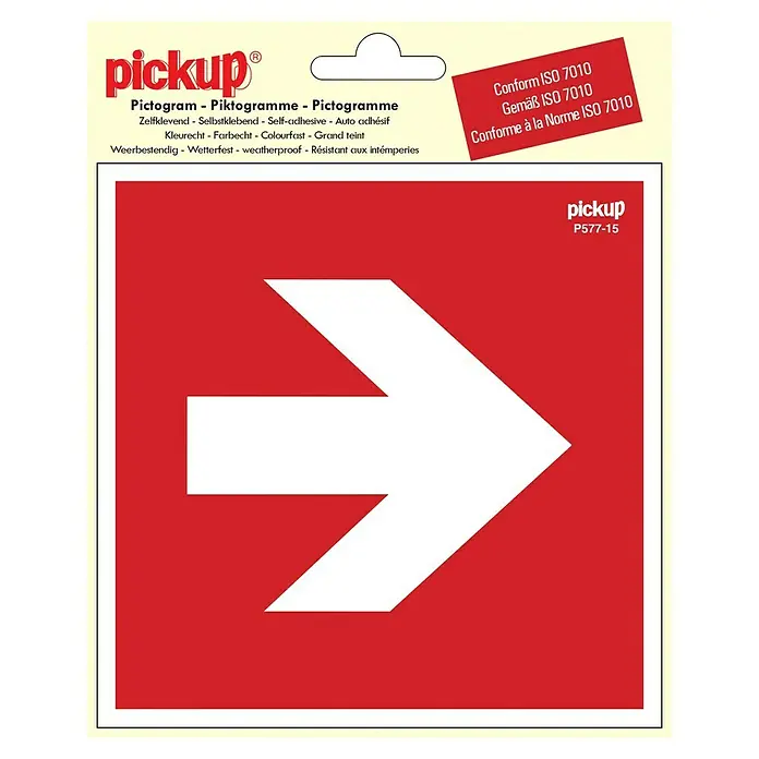 Pickup Aufkleber - L x B: 15 x 15 cm, Pfeil rechts - Aufkleber "Pickup P577-15" mit rotem Hintergrund und weißem Pfeil nach rechts, selbstklebend, farbecht und wetterfest.