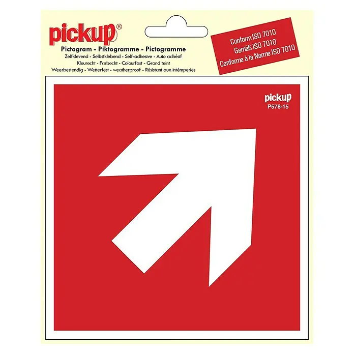 Pickup Aufkleber - Motiv: Zusatzzeichen Pfeil, L x B: 15 x 15 cm, Rot/Weiß - Aufkleber mit rotem Hintergrund und weißem Pfeil, der nach rechts oben zeigt, von Pickup, Modell P578-15.