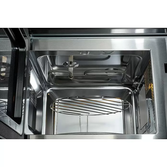 Respekta Einbau-Mikrowelle Jana - Max. Leistung: 800 W, 20 l, Schwarz - Glänzender Edelstahl-Mikrowelleninnenraum mit Heizelement oben und Metallrost.