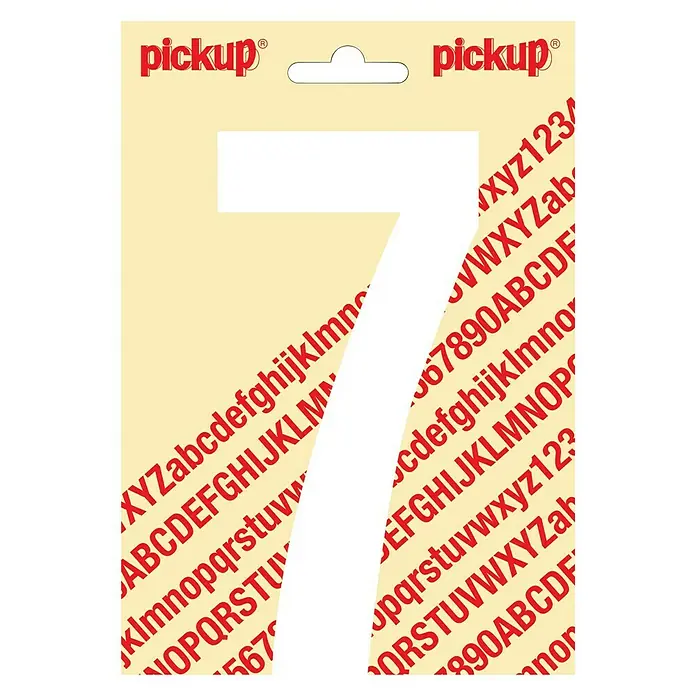 Pickup Aufkleber - Motiv: 7, Weiß, Höhe: 150 mm - Eine Nahaufnahme einer Packung Pickup-Aufkleber mit einer großen, weißen Nummer 7 vor Buchstaben und Zahlen.