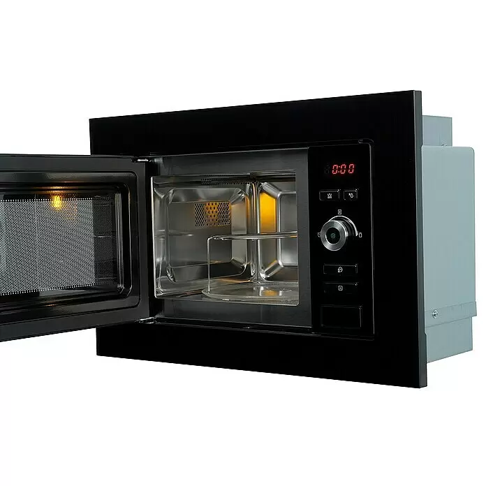 Respekta Einbau-Mikrowelle Jana - Max. Leistung: 800 W, 20 l, Schwarz - Schwarze Einbau-Mikrowelle mit offener Tür, beleuchtetem Innenraum, Glasteller und Bedienfeld mit 0:00.