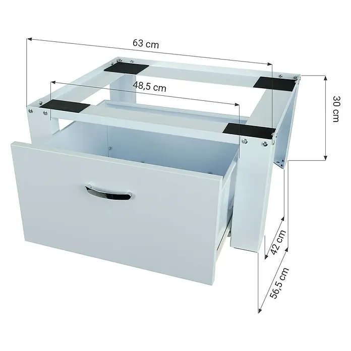 Respekta Waschmaschinenerhöhung - 54 x 63 x 31 cm, Mit Schublade, Traglast: 150 kg, Weiß - Abbildung eines weißen Waschmaschinenunterschrankes mit Schublade und den Maßen 63 x 48,5 x 30 x 42 x 56,5 cm.