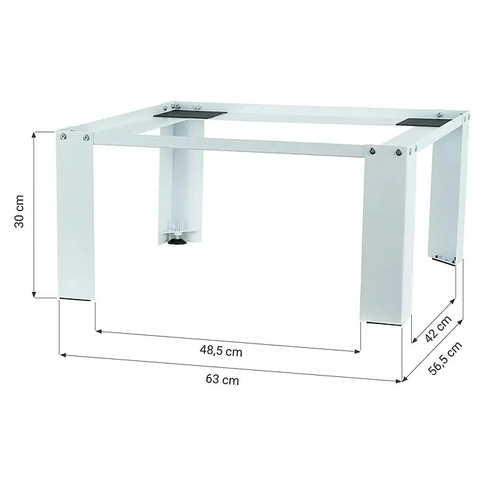Respekta Waschmaschinenerhöhung - 51 x 61 x 30,3 cm, Traglast: 150 kg, Weiß - Bild eines weißen Waschmaschinenunterbaus mit Maßangaben für Höhe, Breite und Tiefe.