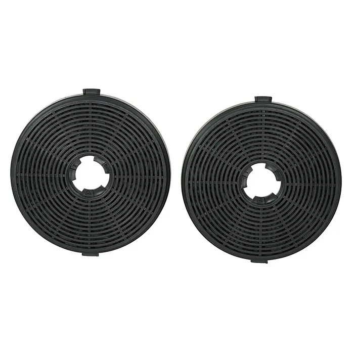 Respekta Aktivkohlefilter MIZ6000 - Kunststoff, Gesamtstückzahl: 2 Stk., Passend für: Respekta Dunstabzugshauben CH 21060 SBZ, CH 21060 WBZ, CH 22010 SBZ, CH 22010 WBZ, CH 22010/90 WBZ & CH 22010/90 SBZ - Zwei runde, schwarze Dunstabzugshaubenfilter mit konzentrischen Kreisen und einer zentralen Öffnung für die Luftzirkulation.