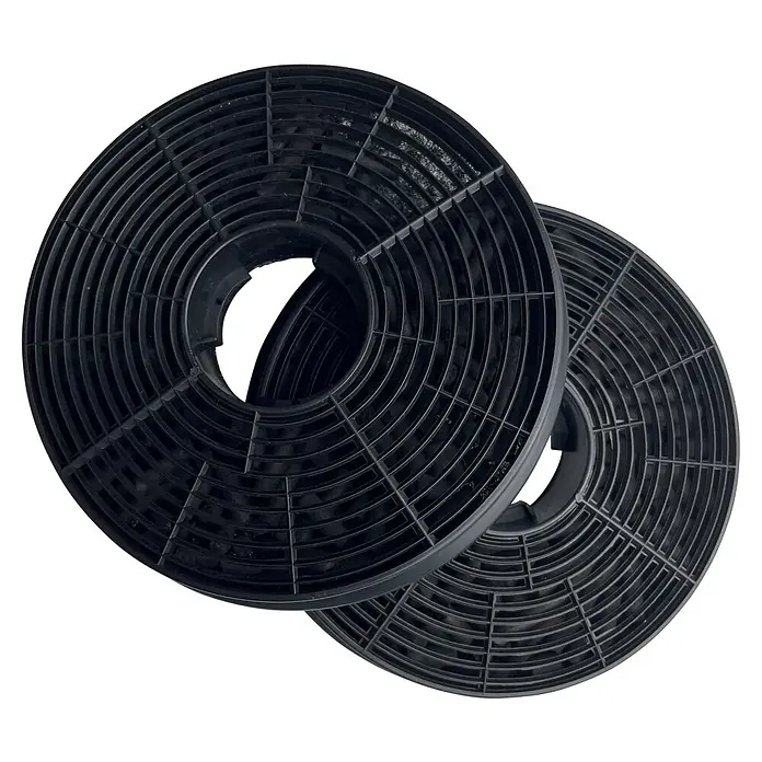 Respekta Aktivkohlefilter MIZ 0058 N - Kunststoff, 2 Stk., Passend für: Respekta Dunstabzugshauben CH 0150 IX, CH 0160 IX, CH 0190 IX, CH 22010 S/W, CH 22058 IX - Zwei runde, schwarze Dunstabzugshaubenfilter mit einem konzentrischen Gitterdesign.