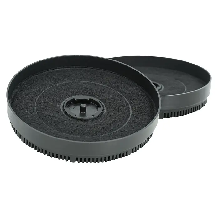 Respekta Aktivkohlefilter MIZ 1110 - Kunststoff, Gesamtstückzahl: 2 Stk., Passend für: Respekta Dunstabzugshauben CH 111090 SA++, CH 111090 WA++, CH 111060 SA++, CH 111060 WA++ - Zwei runde, schwarze Aktivkohlefilter für Dunstabzugshauben mit einem dunklen, faserigen Filtermaterial.