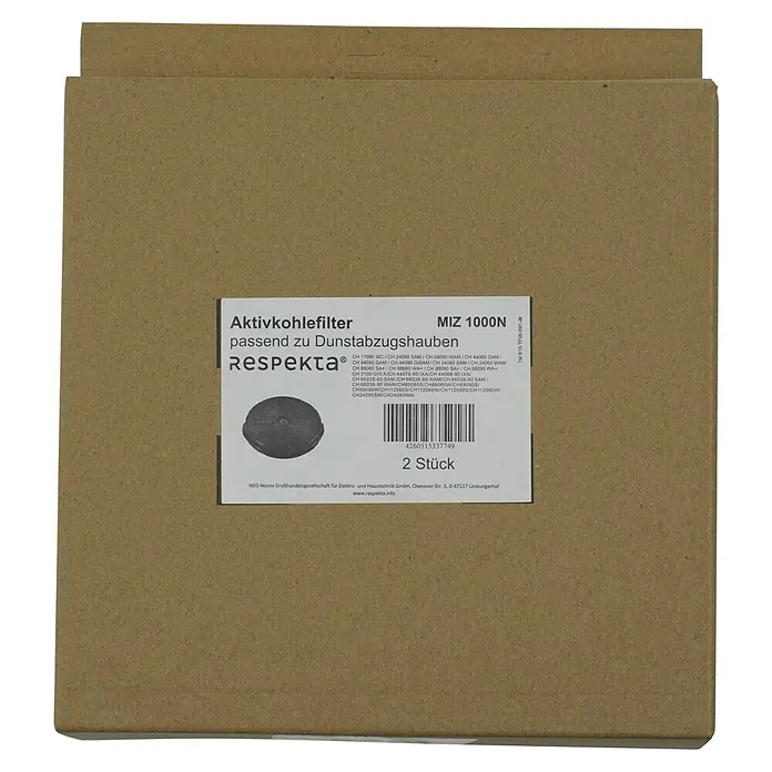 Respekta Aktivkohlefilter MIZ 1000N - Kunststoff, Gesamtstückzahl: 2 Stk., Passend für: Respekta Dunstabzugshaube CH 24060 SAM, CH 24060 WAM, CH 24090 SAM, CH 24090 WAM, CH 3100 GIS A, CH 44060 GAM, CH 44068-90 IX A, CH 44078-60 IX A, CH 44090 GAM, CH 44099 GISAM, CH 66038-60 SAM, CH 66038-60 WAM, CH 66038-90 SAM , CH 66038-90 WAM, CH 88060 S A+, CH 88060 W A+, CH 88090 S A+ & CH 88090 W A+ - Ein Karton Respekta MIZ 1000N Aktivkohlefilter, passend zu Dunstabzugshauben, mit Produktfoto und Details auf der Verpackung.