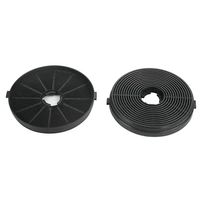 Respekta Aktivkohlefilter MIZ6000 - Kunststoff, Gesamtstückzahl: 2 Stk., Passend für: Respekta Dunstabzugshauben CH 21060 SBZ, CH 21060 WBZ, CH 22010 SBZ, CH 22010 WBZ, CH 22010/90 WBZ & CH 22010/90 SBZ - Zwei runde, schwarze Aktivkohlefilter für Dunstabzugshauben, einer mit radialem Muster und einer mit konzentrischen Rillen, beide aus Kunststoff.