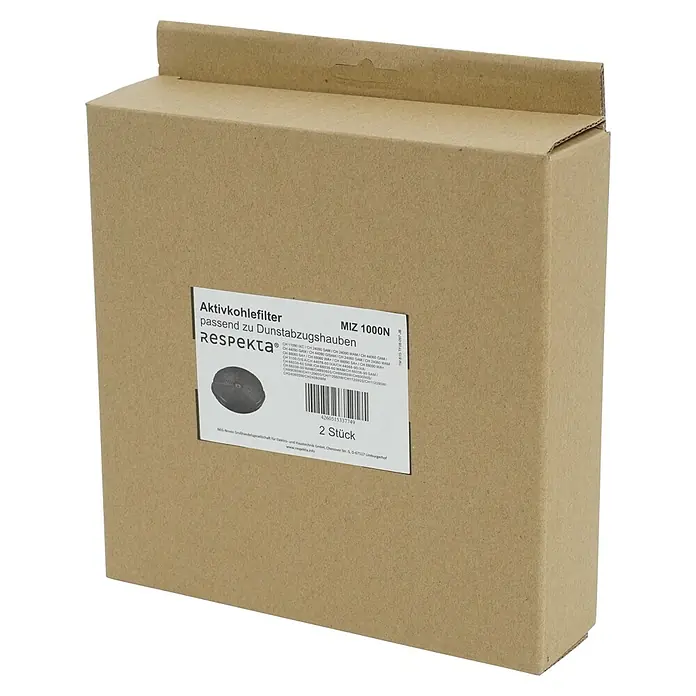 Respekta Aktivkohlefilter MIZ 1000N - Kunststoff, Gesamtstückzahl: 2 Stk., Passend für: Respekta Dunstabzugshaube CH 24060 SAM, CH 24060 WAM, CH 24090 SAM, CH 24090 WAM, CH 3100 GIS A, CH 44060 GAM, CH 44068-90 IX A, CH 44078-60 IX A, CH 44090 GAM, CH 44099 GISAM, CH 66038-60 SAM, CH 66038-60 WAM, CH 66038-90 SAM , CH 66038-90 WAM, CH 88060 S A+, CH 88060 W A+, CH 88090 S A+ & CH 88090 W A+ - Karton Aktivkohlefilter passend zu Dunstabzugshauben, Marke Respekta, Modell MIZ 1000N, mit Produktabbildung und Barcode.