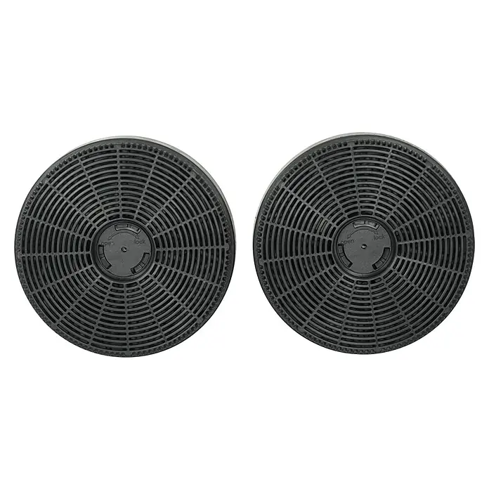 Respekta Aktivkohlefilter MIZ 1110 - Kunststoff, Gesamtstückzahl: 2 Stk., Passend für: Respekta Dunstabzugshauben CH 111090 SA++, CH 111090 WA++, CH 111060 SA++, CH 111060 WA++ - Zwei schwarze runde Kohlefilter mit einem "Öffnen/Schließen"-Mechanismus in der Mitte, die für Dunstabzugshauben geeignet sind.