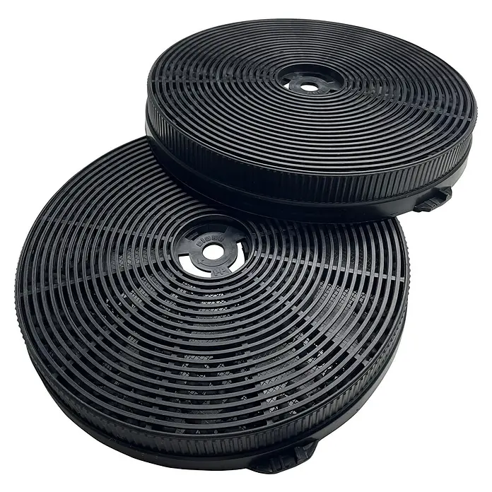 Respekta Aktivkohlefilter MIZ 1000N - Kunststoff, Gesamtstückzahl: 2 Stk., Passend für: Respekta Dunstabzugshaube CH 24060 SAM, CH 24060 WAM, CH 24090 SAM, CH 24090 WAM, CH 3100 GIS A, CH 44060 GAM, CH 44068-90 IX A, CH 44078-60 IX A, CH 44090 GAM, CH 44099 GISAM, CH 66038-60 SAM, CH 66038-60 WAM, CH 66038-90 SAM , CH 66038-90 WAM, CH 88060 S A+, CH 88060 W A+, CH 88090 S A+ & CH 88090 W A+ - Zwei schwarze, runde Aktivkohlefilter für Dunstabzugshauben liegen übereinander. Austauschfilter für eine saubere Küchenluft.