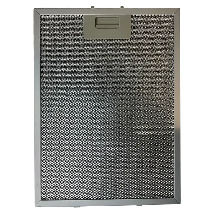 Respekta Fettfilter MIZ 0088 - Metall, 1 Stk. - Metall-Dunstabzugshaubenfilter mit Griff. Das Filter ist mit einem feinen Netz versehen und von einem silbernen Rahmen umgeben.