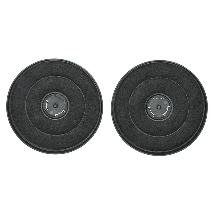 Respekta Aktivkohlefilter MIZ 1110 - Kunststoff, Gesamtstückzahl: 2 Stk., Passend für: Respekta Dunstabzugshauben CH 111090 SA++, CH 111090 WA++, CH 111060 SA++, CH 111060 WA++ - Zwei runde Kohlefilter für Dunstabzugshauben. Sie sind dunkelgrau und haben eine konzentrische Struktur mit einem zentralen Befestigungspunkt.