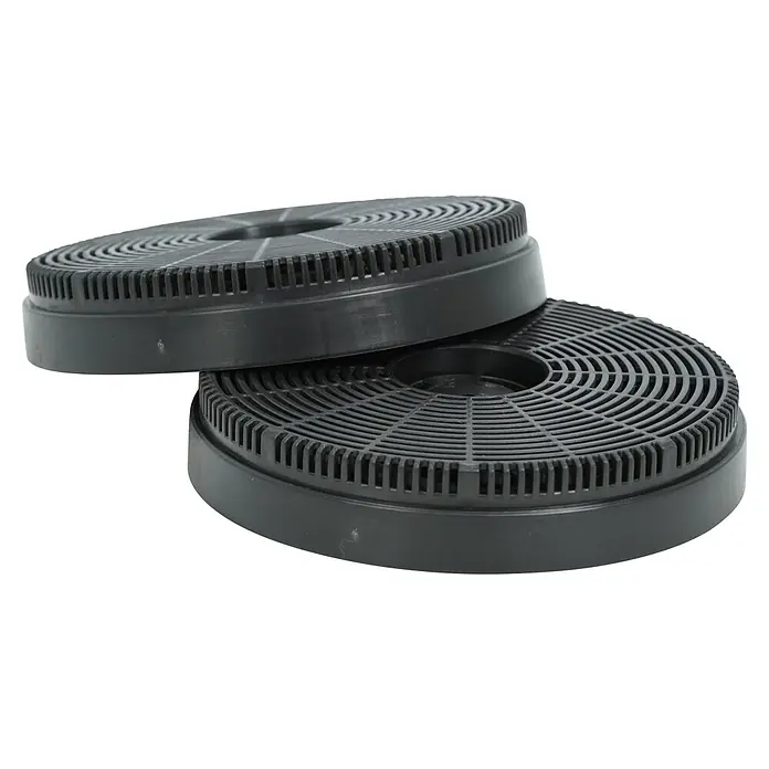Respekta Aktivkohlefilter MIZ 1110 - Kunststoff, Gesamtstückzahl: 2 Stk., Passend für: Respekta Dunstabzugshauben CH 111090 SA++, CH 111090 WA++, CH 111060 SA++, CH 111060 WA++ - Zwei schwarze, runde Dunstabzugshaubenfilter aus Kunststoff liegen übereinander. Die Filter haben ein konzentrisches Gittermuster.