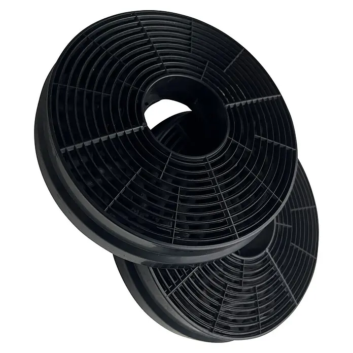 Respekta Aktivkohlefilter MIZ 0058 N - Kunststoff, 2 Stk., Passend für: Respekta Dunstabzugshauben CH 0150 IX, CH 0160 IX, CH 0190 IX, CH 22010 S/W, CH 22058 IX - Zwei schwarze Dunstabzugshauben-Aktivkohlefilter zum Filtern von Gerüchen und Fetten in der Küche. Sie sind rund und haben eine wabenartige Struktur.