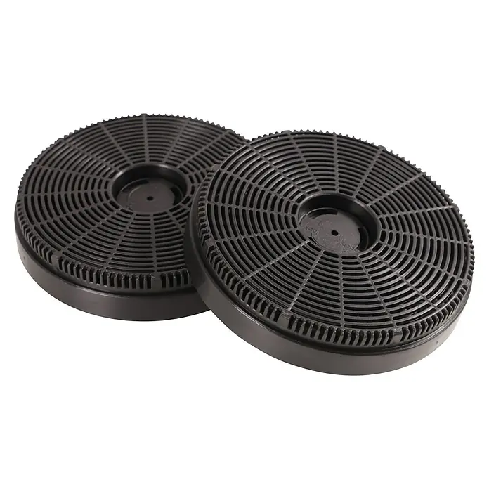 Respekta Aktivkohlefilter MIZ 4000 - Kunststoff, Gesamtstückzahl: 2 Stk., Passend für: Respekta Dunstabzugshauben CH 69090 SA, CH 69090 WA, CH 69060 SA, CH 69060 WA, CH 55060 SA, CH 55060 WA, CH 55090 SA & CH 55090 WA - Zwei runde, schwarze Aktivkohlefilter mit konzentrischen Lamellen und zentraler Befestigung. Perfekt für Dunstabzugshauben, filtern Gerüche effektiv.